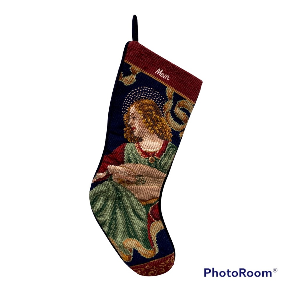 Vintage Wool Needlepoint Victorian Christmas Angel Stocking Navy Velvet Back Mom